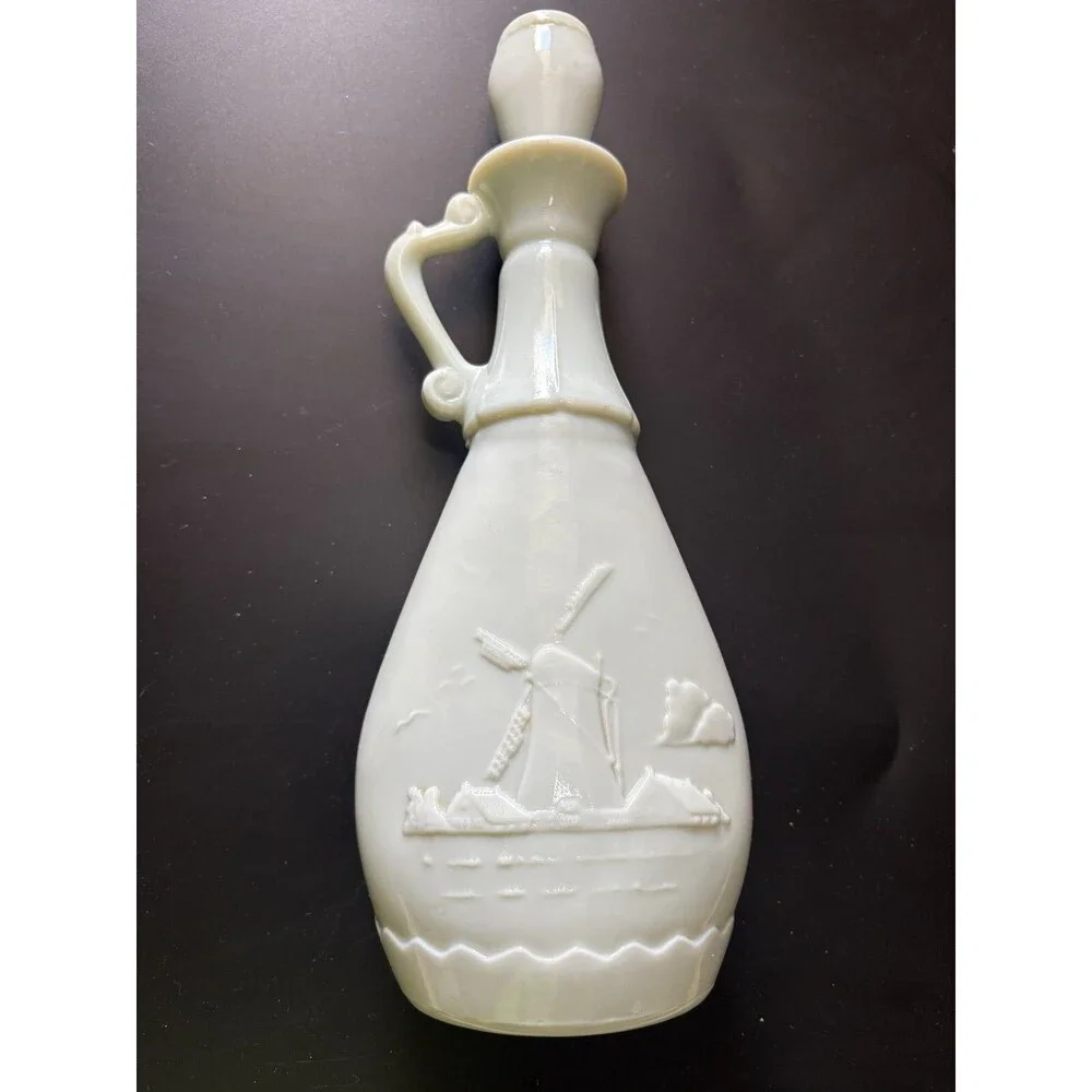 Vintage Blue Milk Glass Jim Beam Whiskey Decanter Delft Blue Ship 1963 Bottle